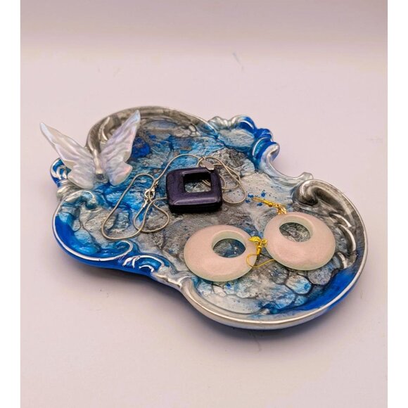 Handcrafted Resin Jewelry Dish With Butterfly Accent-Blue & Silver Swirl Design - Picture 4 of 7